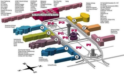 洛杉矶机场航站楼以及航空公司停靠分布